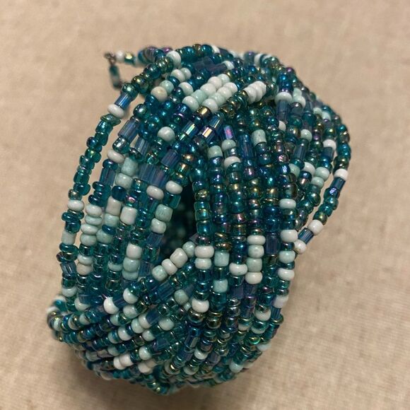 Blue seed bead brained wide cuff bracelet adjustable size coastal - Picture 2 of 6